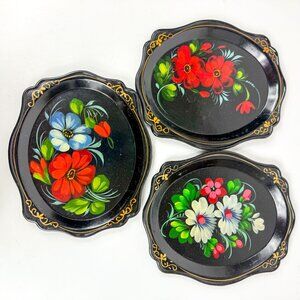 Vintage USSR Toleware Trays Zhostovo Folk Art Set Of 3 Oval Hand-Painted Black